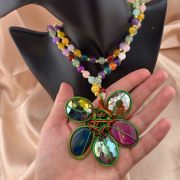 Rainbow Beaded Flower Pendant Necklace – Bold, Colorful & Totally Joyful! - Picture 11 of 12